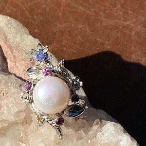 PEARL TANZANITE & SAPPHIRE 925 STERLING SILVER RING, SIZE 8.25